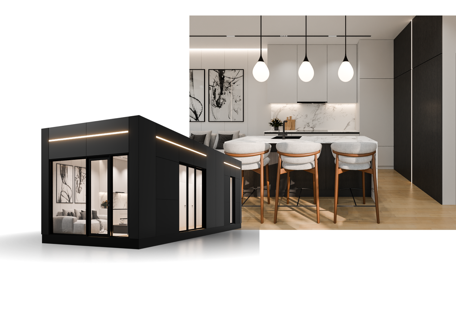 Smart, Portable, Combinable, Stackable home or garden/laneway suite powered by Voice-AI Assistant built by StrongFroce.AI in Ontario, Toronto, Ottawa - Black Accents